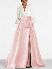 economico viola-Abito da sera A-Line elegante abito formale strascico lungo maniche lunghe scollo a V satin con plissettature e strappo per ospiti di matrimoni