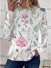 billige Blomster t-skjorte-Dame T skjorte hav Fritid Langermet Crew-hals Vanlige topper Daglig Ut på byen Helg Trykt mønster Hvit / Svart svart+hvit+blått Hvit Rosa Rød Sommer Vår