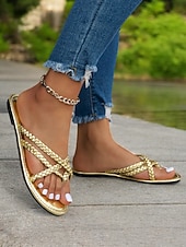 baratos Chinelos de slide-sandálias de tiras douradas para mulheres – sandálias elegantes com presilhas nos dedos, design trançado e sola plana para roupas casuais de verão