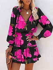 billiga Casual blommiga klänningar-Dam Mini klänning Vardagsklänning Sommarklänning Klänning med tryck Mode Utomhus Helgdag Datum Normal Blommig Långärmad Djup V-hals Gul Kaki Rosenröd Sommar Vår
