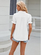 cheap Lace Tops-Women&#039;s Boho T-shirt Plain Bohemia Cute Stylish Short Sleeve Puff Sleeve V Neck Shirt Collar Regular Tops Daily Going out Weekend Ruffle Eyelet Sage Green Black White Pink Wine Summer