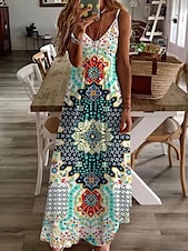 billiga Boho klänningar-Kvinnors maxi klänning solklänning A-linje klänning sommarklänning bohemisk semester vintage semester casual daglig regular fit geometrisk ärmlös v-neck grön sommar vår
