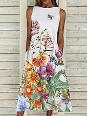 billiga Blommiga klänningar-Kvinnors Midi Klänning A Linje Klänning T Shirt Klänning Tee Klänning Off The Shoulder Klänning Atletisk Klänning Avslappnad Semester Daglig Regular Fit Blommig Ärmlös Off Shoulder Gul Röd Blå Lila