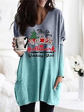 お買い得  Tシャツ ワンピース-女性用 ミニドレス カジュアルドレス シフトドレス カジュアル バットウィングスリーブ クリスマス 祭り ルーズフィット プリント 長袖 Ｖネック ブルー パープル オレンジ グレー 秋 冬