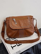 billiga Crossbodyväskor-brun crossbody-väska i konstläder med dubbdetaljer – avslappnad, trendig handväska för vardagsbruk, shopping och utflykter svart röd blå