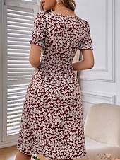 preiswerte Blumenkleid-Damen Midikleid Corsagenkleider A Linie Kleid Milchmädchen-Kleid Kleid mit Puffärmeln Urlaub Urlaub Casual Täglich Regular Fit Blumen Graphic Kurzarm Quadratischer Ausschnitt Schwarz Burgunderrot