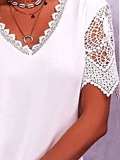 economico Top in Pizzo-Per donna Maglietta Semplice Moda Moderno Casual Manica Corta Scollo a V Top Regolari Quotidiano Uscire Weekend Pizzo Patchwork Traforato Bianco Rosa Viola Azzurro Estate Primavera
