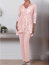 cheap Mom&#039;s Pant Suits-Jumpsuit / Pantsuit 3 Piece Mother of the Bride  Formal Wedding Guest Elegant Plus Size V Neck Ankle Length Chiffon Lace 3/4 Length Sleeve Wrap Included with Sequin Crystal Brooch 2025