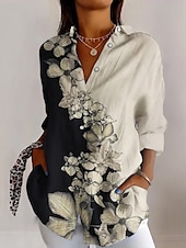 preiswerte Blumenoberteile-Damenhemd Langarm Knopfbluse Blumengrafik Alltag Stilvoll Retro Vintage Hemd Kragen Reguläre Tops Alltag Feiertag Ausgehen Knöpfe Rot Khaki Sommer Frühling