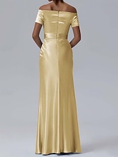 abordables Champagne-Robe de soirée fourreau Élégante Robe formelle de performance Longueur de sol Manches courtes Off-shoulder Satin glossy