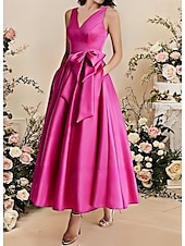 preiswerte Brautjungfernkleider-A-Linie Brautjungfernkleid V-Ausschnitt Ärmellos Elegant Knöchellänge Satin mit Schleife(n)  Falten