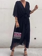 cheap Chiffon Dresses-Women&#039;s Midi Dress White Dress Casual Dress Elegant Stylish Batwing Sleeve Vacation Daily Date Regular Fit Plain Half Sleeve V Neck Black White Gray Summer Spring