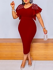 cheap Plain Dress-Women&#039;s Midi Dress Summer Dress Solid Color Bodycon Dress Puff Sleeve Dress Elegant Semi Formal Party Wedding Guest Engagement Regular Fit Graphic Short Sleeve V Neck Black Wine Fuchsia Summer