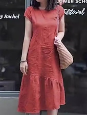 abordables Robes décontractées-Femme Robe Maxi Robe casual Robe en coton et lin Robe Trapèze basique Décontractées Vacances du quotidien Standard Plein Manche Courte Col Ras du Cou Jaune Rouge Bleu Violet Eté