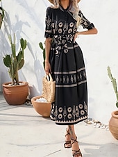 ieftine Rochii casual florale-Pentru femei Rochie Lunga Rochie Maxi Rochie casual Rochie de vară Rochie Boho Modă În aer liber Concediu Dată Fit regulat Vopsire Lungime Manșon 3/4 Guler Cămașă Negru Alb Trifoi Vară Primăvară