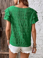 cheap Work Tops-Women&#039;s Blouse Solid Color Elegant Daily Stylish Short Sleeve Crew Neck Regular Tops Daily Holiday Going out Ruffle Patchwork Sage Green Red Navy Blue Purple Green Summer Spring