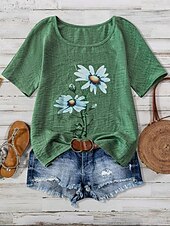 cheap Floral Tops-Women&#039;s Shirt Floral Casual Half Sleeve Crew Neck Regular Tops Work Daily Linen Like Buttons Print Green Spring Fall Winter