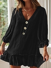 preiswerte Kleider-Damen Minikleid Leinen-inspirierte Kleider Freizeitkleid Baumwoll-Leinenkleid Stilvoll Lässig Urlaub Täglich Date Normale Passform Einfach Langarm V Ausschnitt Schwarz Beige Leicht Blau Sommer