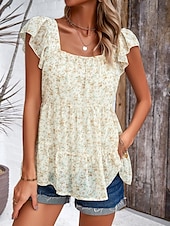 abordables Tops Graphiques pour Femmes-Femme Chemise Chemisier Floral mode Décontractées Manche Courte Col Carré Hauts réguliers du quotidien A Volants Imprimer Noir Jaune Rouge Beige Eté