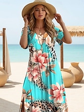 cheap Floral Dress-Women&#039;s Maxi Dress Long Sleeve Boho Dress Elegant Vintage Butterfly Sleeve Vacation Beach Regular Fit Floral Leopard Vintage Short Sleeve Crew Neck Pink Blue Green Summer