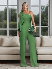 abordables Combinaisons pour maman-Combinaison  Pantalon de maman de la mariée Invitée de mariage élégante simple minimaliste épaule unique longueur de sol polyester sans manches avec nœud(s) volants couleur unie