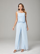 abordables Longueur du plancher-Combinaison Robe de Mère de Mariée  Formel robe demoiselle d honneur Elégant Echarpe incluse Col Carré Longueur Sol Mousseline de soie Dentelle Sans Manches Echarpe incluse avec Appliques 2025