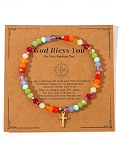 cheap Women&#039;s Bracelet-Women&#039;s Colorful Artificial Crystal Beaded Cross Bracelet - Adjustable, Vivid Multi-Colored Beads, Gold Cross Charm, Stylish and Spiritual, Great for Casual Wear, Easter Gifts and Religious Occasions