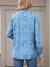 billige Kvinne Boho Topper-Dame Skjorte Blomstret Fritid Langermet Skjortekrage Vanlige topper Arbeid Daglig Knapper Trykt mønster Blå Vår Høst Vinter