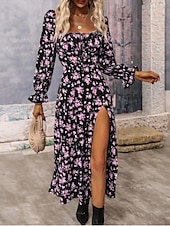 cheap Floral Dress-Women&#039;s Midi Dress Corset Dress A Line Dress Milkmaid Dress Puff Sleeve Dress Vacation Vacation Daily Regular Fit Floral Long Sleeve Square Neck White Blue Purple Gold Summer