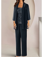 economico Tailleur pantalone della mamma-Tuta  abito intero 3 pezzi madre della sposa invitata al matrimonio elegante collo quadrato lunghezza caviglia in chiffon pizzo maniche mezze con applicazioni