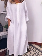 abordables Robes-Femmes Robe Longue Maxi Robe Robes inspirées du lin Robe Décontractée Robe en coton et lin Élégant Occasionnel Vacances Quotidien Date Coupe régulière Uni manche longue Col ras du cou Blanche Jaune