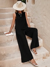 cheap Sets-Women's Shirt Linen-feel Set Two Piece Sets Wide Leg Pants Sleeveless Crew Neck Plain Fashion Streetwear Daily Casual Daily Black Yellow Army Green Summer Regular Fit