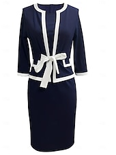 cheap Work Dresses-Women&#039;s Work Dress Shift Dress Elegant Office Daily Midi Dress Patchwork Crew Neck 3/4 Length Sleeve Plain Regular Fit Navy Blue Spring Fall S M L XL