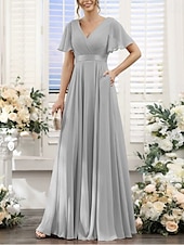baratos Vestidos para Madrinhas-Linha A Vestido de Madrinha Decote V Manga Curta Elegante Longo Chiffon com Franzido 2022