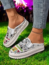 levne Pohodlné sandály-dámské zlaté flitrové tenisky na platformě mules – třpytivé slip-on boty s vyšívanými detaily pro festivaly, párty a street fashion