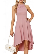 abordables Robes pour invitées de mariage-Robe A-Line pour invités de mariage Robe asymétrique à la hauteur variable sans manches col rond pour automne invité de mariage crêpe extensible avec fronces 2025