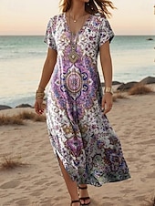 halpa Boho-mekot-Naisten Maksimekko Rento mekko A linjainen mekko Tyylikäs Vapaa-aika Loma Päivittäin Normaali Kukka Lyhythihainen V kaula-aukko Vaalea vaaleanpunainen Vaalea purppura Purppura Beesi Kevät Syksy