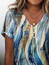 billige Kvinnenes Kunst &amp; Design Topper-Kvinne Bluse Ombre Grafisk Stripete Casual Kort Erm V Utringet Regular Tops Daglig Knappe Print Blå Sommer