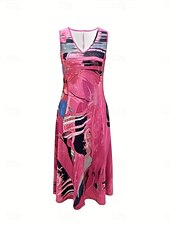 cheap Dress Sets-Women&#039;s Midi Dress Casual Dress Dress Set Swing Dress A Line Dress Stylish Casual Vacation Daily Regular Fit Graphic Half Sleeve V Neck Pink Blue Fuchsia Orange Summer