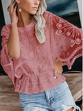 economico Top eleganti-Per donna Camicia Camicia in pizzo Top con cuciture in pizzo Blusa Tinta unica Elegante Moda Informale Mezza manica Maniche ad aletta Girocollo Top regolari Invitati del matrimonio Giornaliero Per