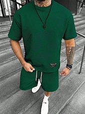 abordables Conjuntos de camisetas de hombre-Hombre Jacquard Tracksuit Camiseta y pantalones cortos Conjunto Conjunto de atuendo Cuello Barco Exterior Diario Deportes Bolsillo Correa 2 Piezas Plano Negro Blanco Verde Claro Poliéster Ropa de