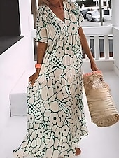 ieftine Artă și design rochii-Pentru femei Rochie Maxi Rochii Tricou Rochie de schimb Rochie de vară Casual Vacanță Zilnic Fit regulat Grafic Manșon scurt În V Negru Roz Îmbujorat Portocaliu Trifoi Vară