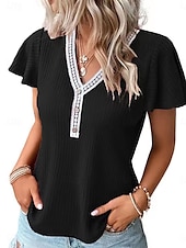 abordables T-shirt uni-Femme T shirt Plein Mode Moderne Décontractées Manche Courte Col V Hauts réguliers du quotidien Fin de semaine Patchwork Noir Blanche Rose Claire Eté Printemps