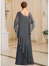 cheap Floor Length-Sheath / Column Mother of the Bride Dress Elegant Vintage Simple Asymmetrical Neck Floor Length Chiffon Long Sleeve with Beading Ruffles Cascading Ruffles