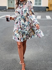 cheap Casual Floral Dresses-Women&#039;s Mini Dress Casual Dress A Line Dress Stylish Casual Vacation Daily Regular Fit Floral Long Sleeve Stand Collar Green Apricot Summer