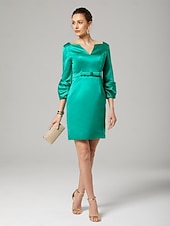 cheap Cocktail Dresses-Sheath / Column Cocktail Dresses Elegant Dress Formal Wedding Guest Knee Length 3/4 Length Sleeve V Neck Satin with Bow(s) Dresses
