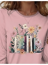 economico T-shirt floreale-Per donna Maglietta Rosa Floreale Grafico Casual Manica Lunga Girocollo Top Regolari Quotidiano Stampato Rosa Primavera Autunno