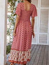 tanie Wakacyjne sukienki-Damskie Sukienka maxi Codzienne sukienki Sukienka rozkloszowana Sukienka A line Elegancki Codzienny Urlop Codzienny Regularny Kwiaty Krótki rękaw Kwadratowy dekolt Żółty Rumiany róż Pomarańczowy