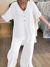 preiswerte Sets-Damen Mode Streetwear Hemd Baumwoll-Leinen-Sets Zweiteilige Sets Leinenhosen Hosen Hose Kurzarm V Ausschnitt Einfarbig Kordelzug Alltagskleidung Date Schwarz Weiß Blau Sommer Normale Passform