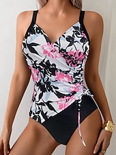 billiga One-piece-baddräkter-Dam Badkläder En bit Monokini Baddräkt Öppen rygg Magkontroll Hög midja Smal Semester Standkläder Nyans Blommig V-hals Ärmlös Baddräkter